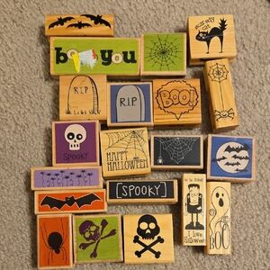Halloween Rubber Wood Stamp Set Of 20 Cat Bat RIP Skull